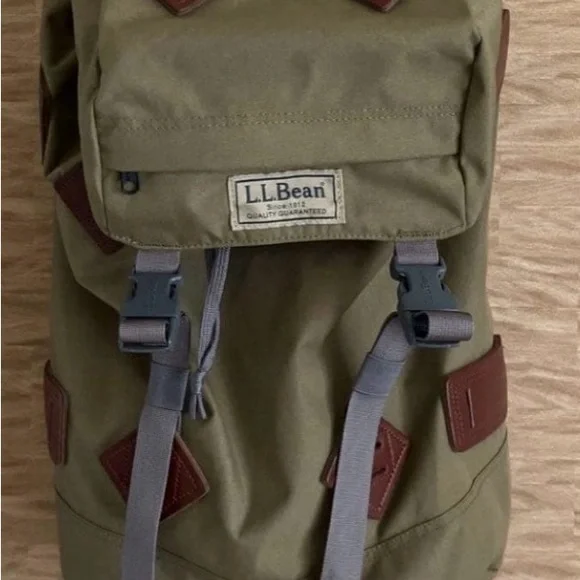 L.L. Bean Olive Canvas Backpack with Brown Leather Accents - Picture 2 of 12